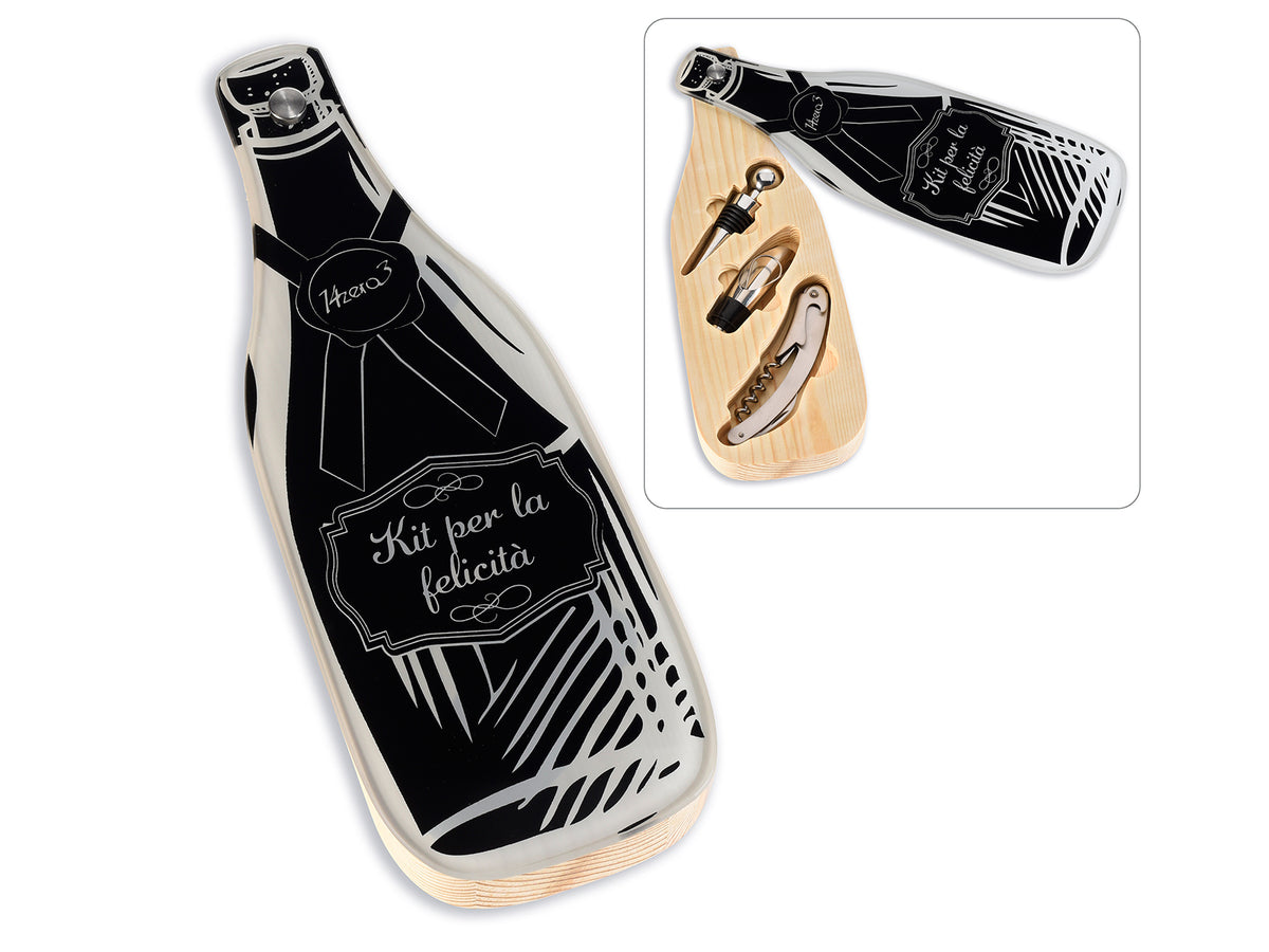 Bottiglia in legno e vetro con 3 accessori sommelier