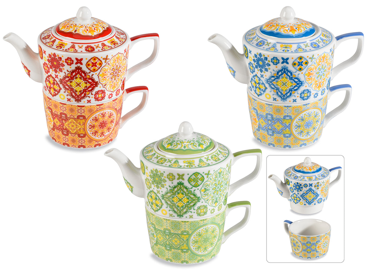 Set 1 tazza e 1 teiera in porcellana stampa maiolica