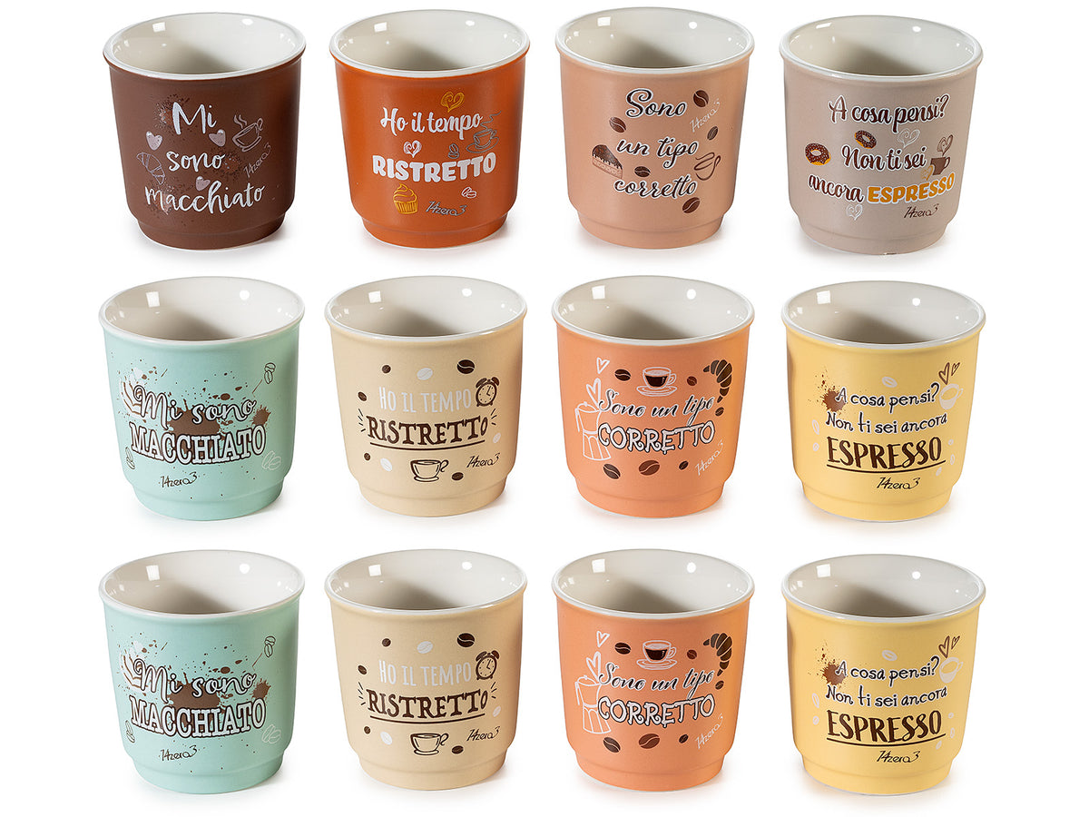 Set 4 bicchierini da caffè in porcellana 90 ml con scritte diverse