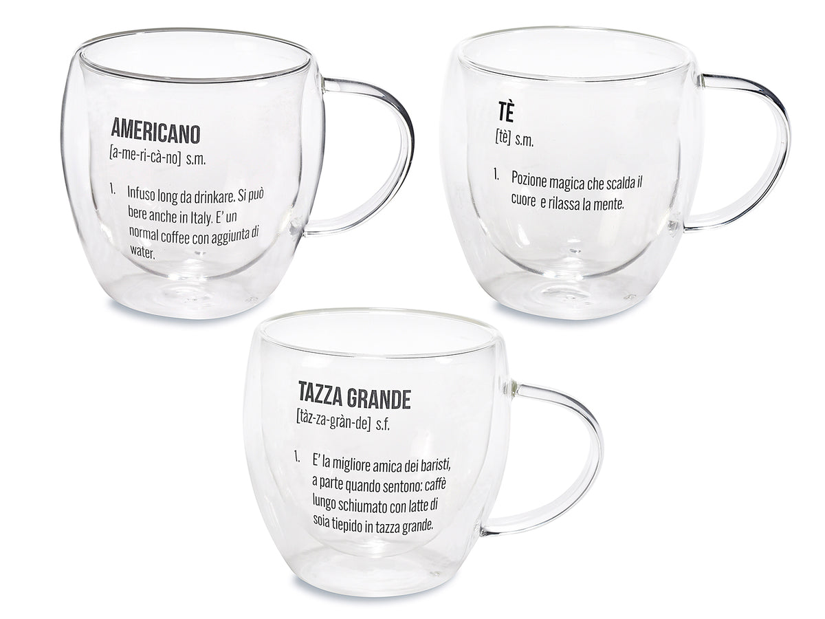 Set 3 tazze in vetro 200 ml con doppio fondo e scritte decorative